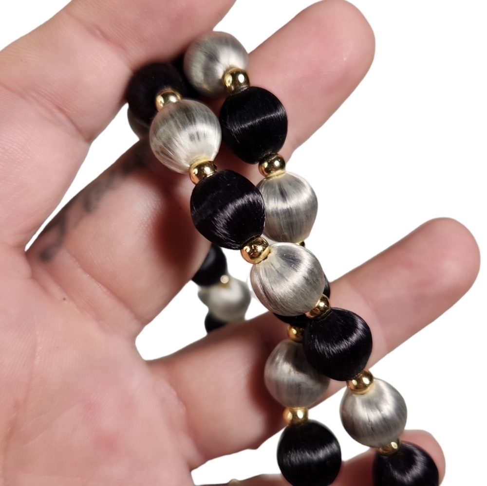 Black & Grey Satin Wrapped Beaded Necklace